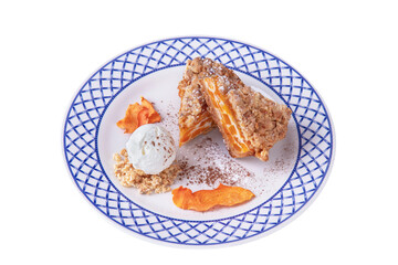 Ball of ice cream with bran, mint and apricot pie