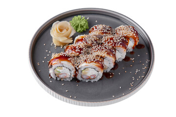 Rolls with eel, sesame seeds, sauce, shrimps, cucumbers, rice, philadelia cheese