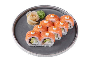Roll with philadelphia cheese, salmon, salmon caviar, avocado