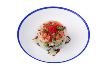 Salad with salmon, crab, onion, sesame seeds, flying fish caviar