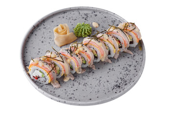 Rolls with salmon, rice, sauce, avocado, flying fish caviar