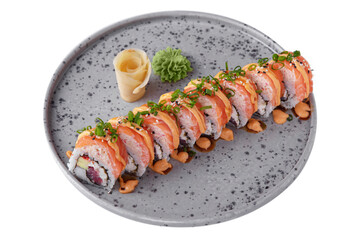 Rolls with salmon, tuna, avocado, rice, sauce, sesame seeds, onions