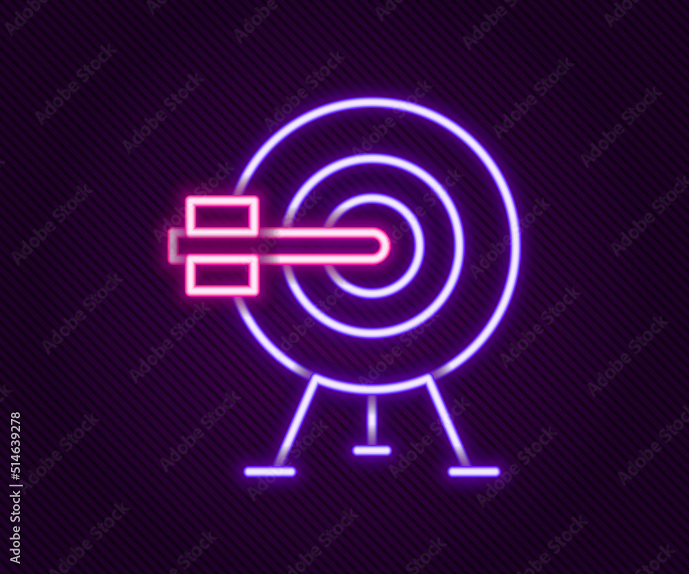 Poster glowing neon line target with arrow icon isolated on black background. dart board sign. archery boar
