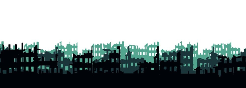 Ruined city. Apocalypse natural or war. Isolated on white background. Seamless horizontal composition. Scorched earth tactics. Sad landscape of destruction. Vector