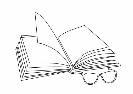 Glasses and open book, continuous line vector illustration. one line vector drawing of a book and a glasses. Black and white hand drawn image.