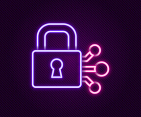 Glowing neon line Lock with bitcoin icon isolated on black background. Cryptocurrency mining, blockchain technology, security, protect, digital money. Colorful outline concept. Vector