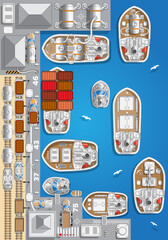 Cargo seaport. View from above. Vector illustration.