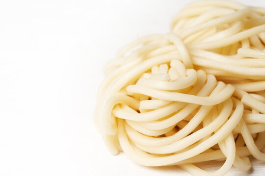 Close Up Ramen Or Soba Noodles On White Background With Copy Space                           