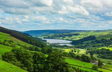 Gouthwaite Reservoir in Nidderdale, an area of outstanding natural beauty in Summertime with lush...