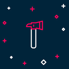 Line Firefighter axe icon isolated on blue background. Fire axe. Colorful outline concept. Vector