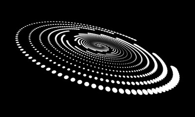 Spiral with white halftone dots as dynamic abstract vector background or logo or icon. Artistic illustration with perspective on black background.