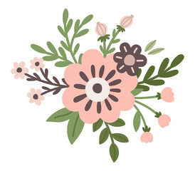 Cartoon summer flowers bouquet. Spring florals simple bouquet vector illustration