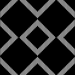 Repeated black diamonds and lines. Ikat wallpaper. Seamless surface pattern design with rhombuses ornament. Lozenge motif. Digital paper for page fills, textile print, web designing. Ethnic vector art