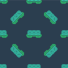 Line Sushi on cutting board icon isolated seamless pattern on blue background. Asian food sushi on wooden board. Vector