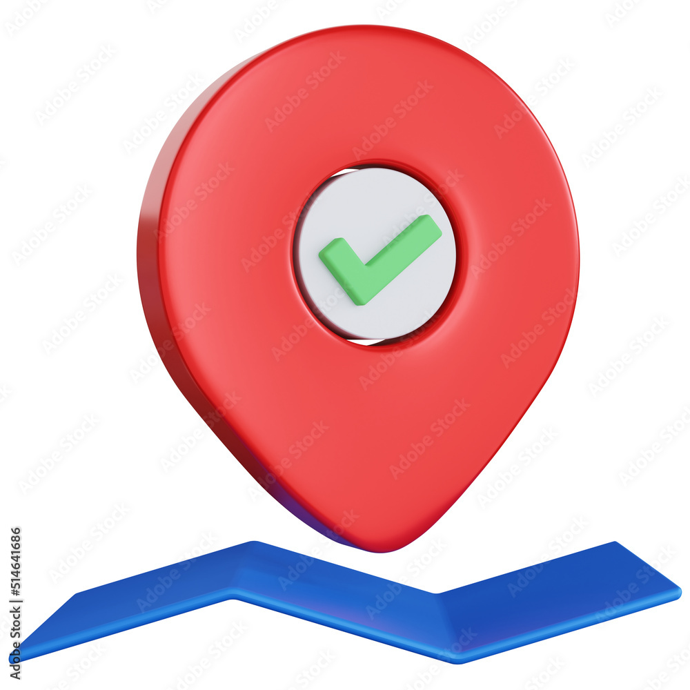 Fototapete 3d rendering pin pointer check mark with map below isolated
