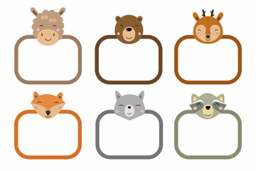 Decorative frames with cute animal heads. Vector illustration for baby photos, notes, cards and memories. Note design concept. Insert your photo