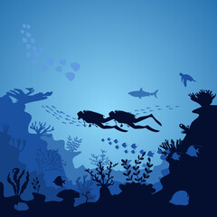 Naklejka premium silhouette of coral reef with fish and divers on blue sea background underwater vector illustration