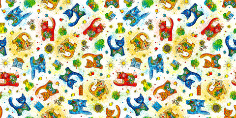 Cheerful splashed colored watercolor cats, seamless pattern for fabric and clothing, wrapping paper for scrapbooking, template for postcard design