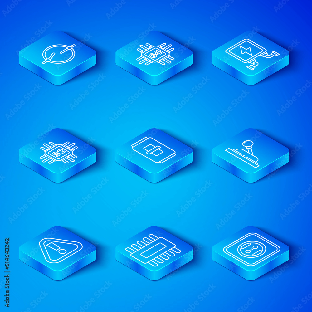 Poster set line exclamation mark in triangle, electric light switch, processor with microcircuits cpu, elec