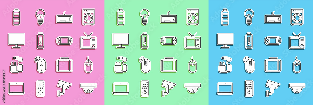 Poster set line motion sensor, computer mouse, retro tv, keyboard, battery charge level indicator, monitor 