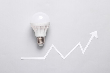Light bulb with growth arrow on gray background