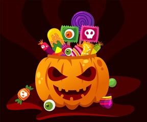 Halloween candies bucket in Jack-O-Lantern bag Vector illustration. many colorful Halloween candies, toffees, ice cream with background 