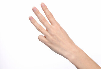 Female hand shows three fingers isolated on white background.