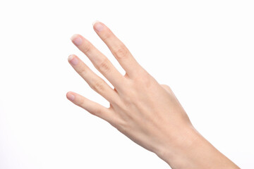 Female hand shows four fingers isolated on white background.