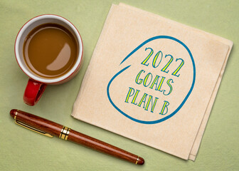 2022 goals  plan B - change of business and personal plans for 2022  market recession, handwriting on a napkin with a cup of coffee
