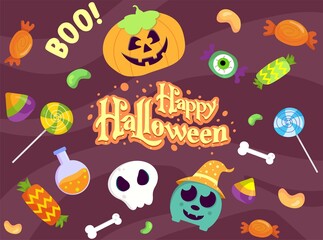 Halloween seamless pattern with pumpkins, candies, eyeball, ghost, spooky vector