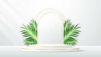 White podium has white curved shapes and gold lines and has a leaf on the back for product presentation. Cosmetic product display. vector illustration
