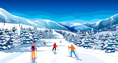 Advanced skier slides near mountain downhill. Sports descent on skis in mountains hills. Winter activity. Skiing in winter Alps. Winter sport resort with mountain landscape. Vector illustration