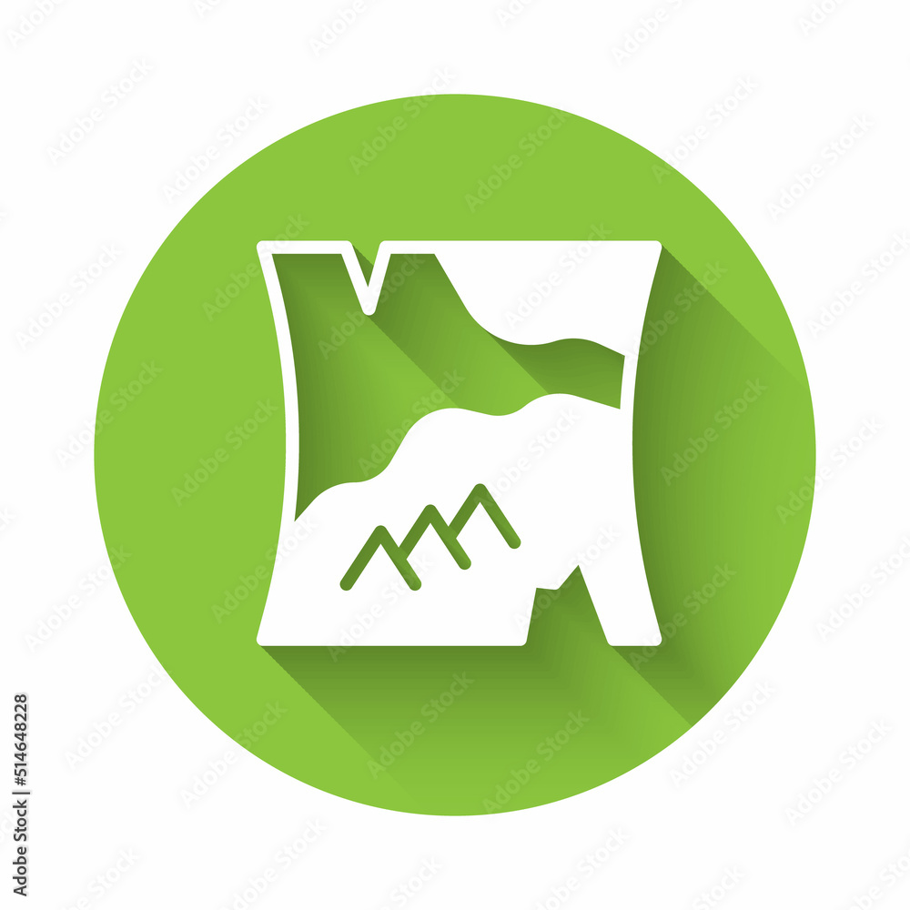 Poster white folded map icon isolated with long shadow background. green circle button. vector