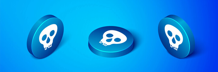 Isometric Skull icon isolated on blue background. Happy Halloween party. Blue circle button. Vector