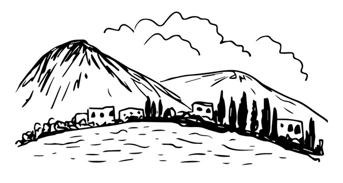 Simple black outline vector drawing. Mountain village on the lake. Landscape and nature. Houses and cypresses, trees. Tourism and travel.