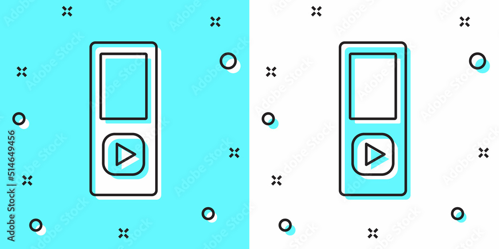 Poster black line music player icon isolated on green and white background. portable music device. random d