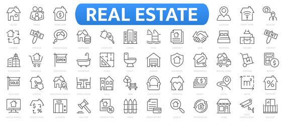 Fototapeta na wymiar Real estate icons set. Set of 55 Real estate outline icons collection. Rent, building, agent, house, auction, realtor, property, mortgage, home and more.