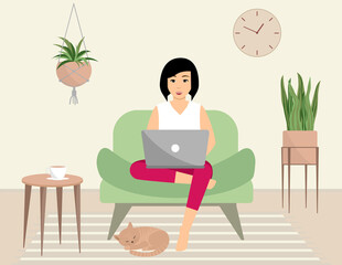 Fototapeta na wymiar A happy woman is sitting in a chair in a home interior with a laptop and cat. Flat vector illustration