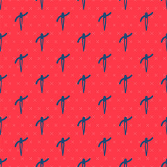 Blue line Needle for sewing with thread icon isolated seamless pattern on red background. Tailor symbol. Textile sew up craft sign. Embroidery tool. Vector