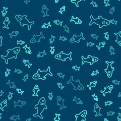 Green line Shark icon isolated seamless pattern on blue background. Vector