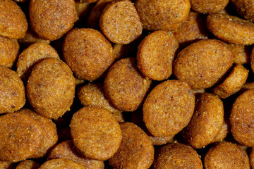 Dog or cat food or kibble shot up close. Top view background