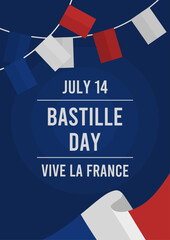 bastille day poster with french flag with red, white and blue hanging decoration