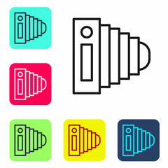 Obraz premium Black line Photo camera icon isolated on white background. Foto camera. Digital photography. Set icons in color square buttons. Vector
