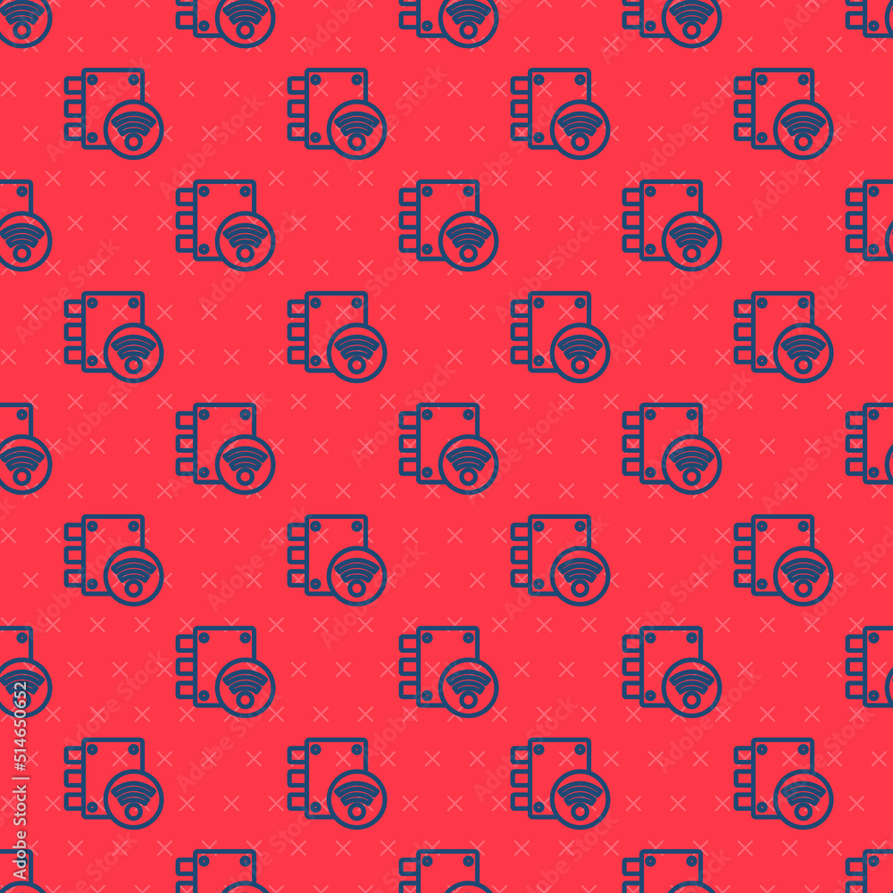 Poster Blue line Digital door lock with wireless technology for unlock icon isolated seamless pattern on red background. Door handle sign. Security smart home. Vector