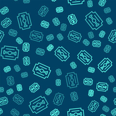 Green line Blade razor icon isolated seamless pattern on blue background. Vector