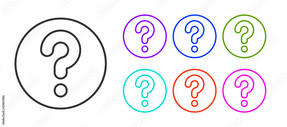 Poster black line unknown search icon isolated on white background. magnifying glass and question mark. set
