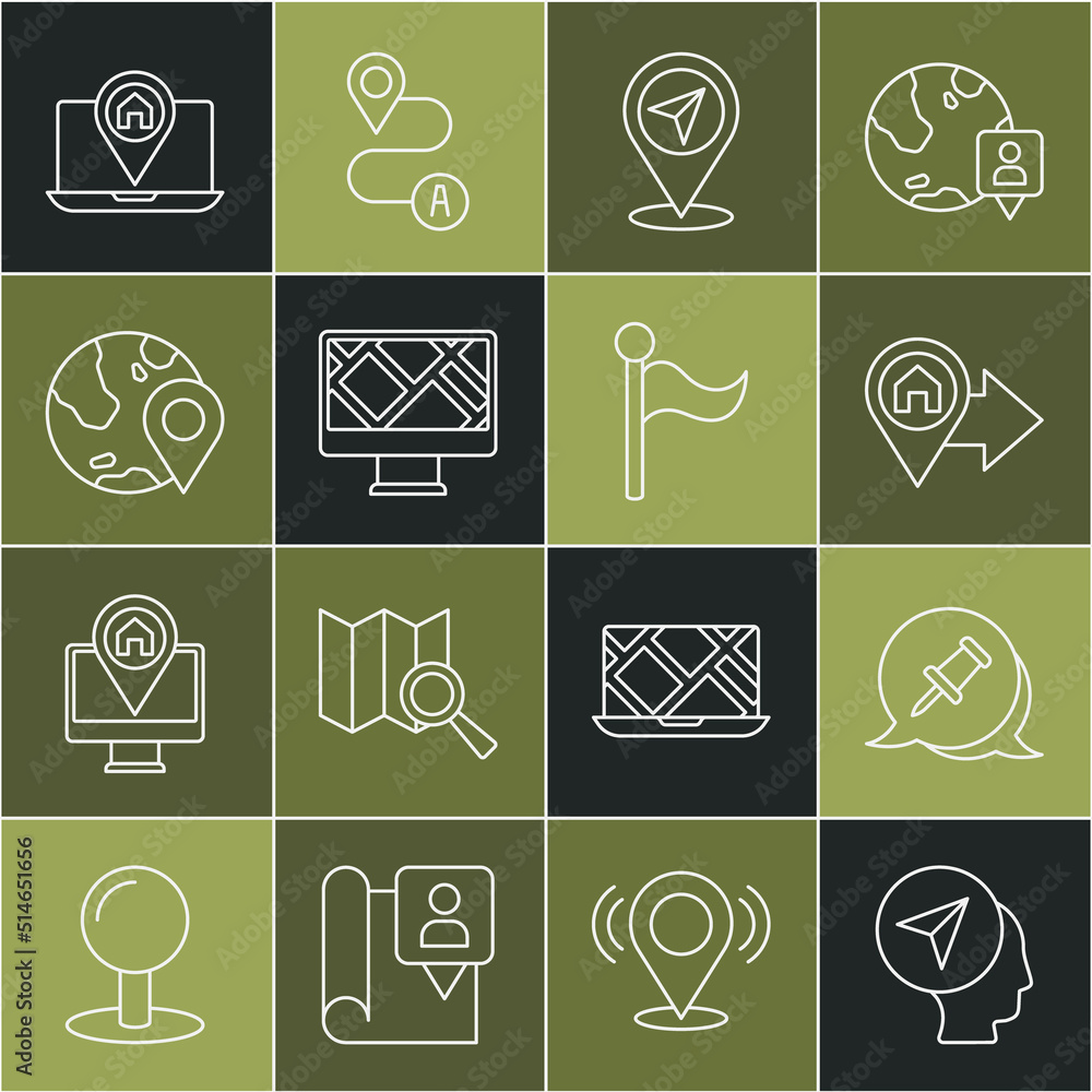 Poster set line map marker with human, push pin, location house, monitor map location, the globe, city navi