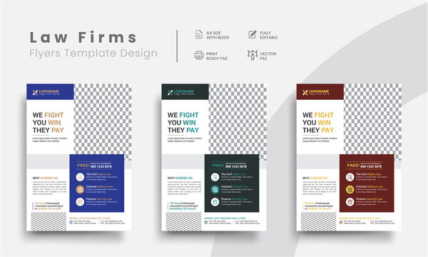 Professional corporate lawyer illustrator flyer templates for law firm brand identity promotion. Modern business attorney simple flyer design with the judicial background.