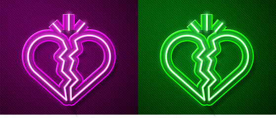 Glowing neon line Broken heart or divorce icon isolated on purple and green background. Love symbol. Valentines day. Vector