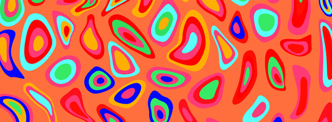 Psychedelic groovy background with colorful melting blobs and circles in retro 60s hippie art style.